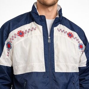 Vintage Wilson Windbreaker Jacket Navy White Embroidered Floral Mens Large L